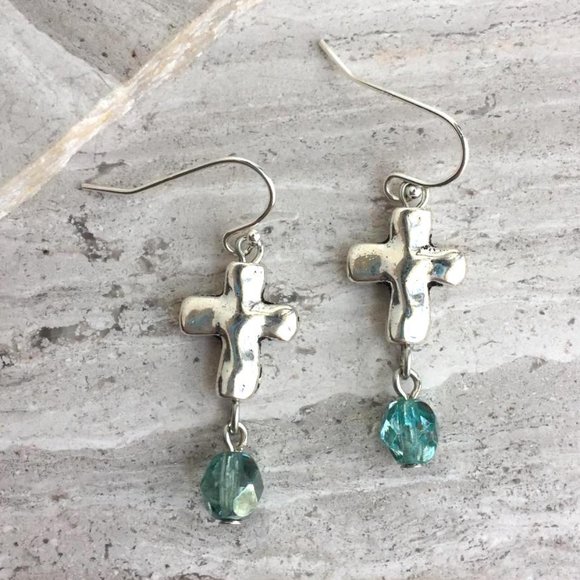 Silver natural Cross Turquoise bead Earrings - Picture 2 of 3